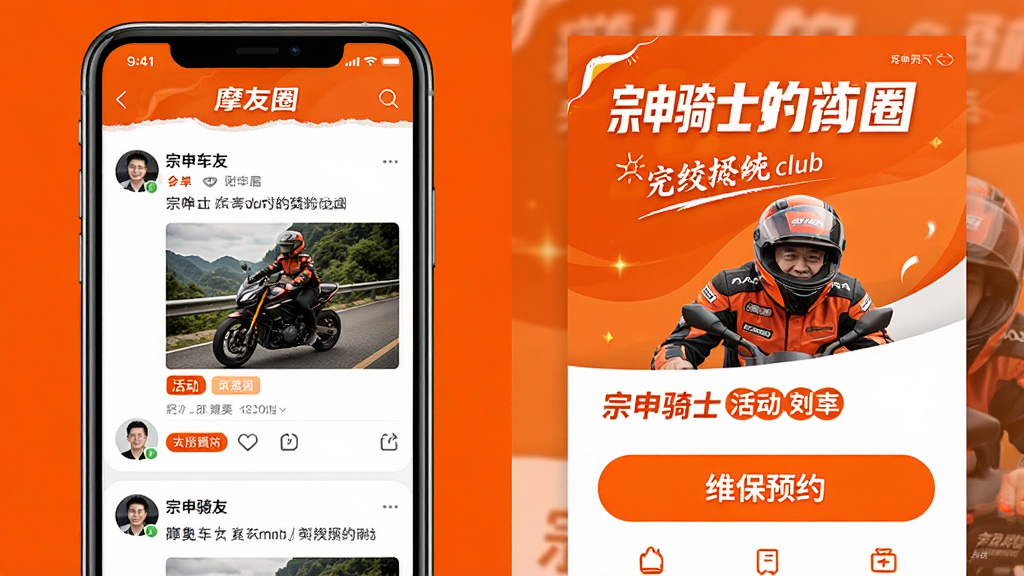 һ��չʾ��������ʿclub��App��Ħ��Ȧ�ͻ����ĺϳ�ͼƬ������������ֻ���Ļ��ʾ��̬�б��͸�������ͷ���Ҳ��ǻ������ά��ԤԼ��ť���������������Ⱥ��ǿ��ɫ���Գ�ɫ�Ͱ�ɫΪ����ϸ�ڰ����û�ͷ�񡢶�̬ͼƬ�����ǩ�����ʸɾ����޶���Ԫ��