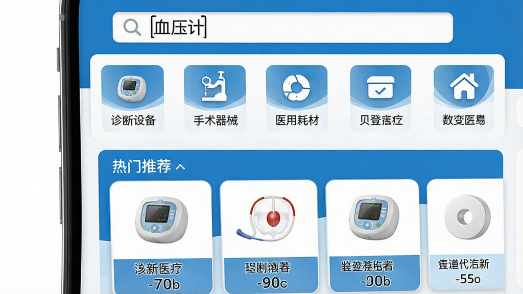 ����ҽ��APP��ҳ����չʾ���������������롰Ѫѹ�ơ����·���Ʒ����ͼ���������У���������豸��������е��ҽ�úĲĵȣ�ҳ���м��������Ƽ���Ʒ��Ƭ��������������ɫΪ���������רҵ�����ʸɾ��޶���Ԫ��