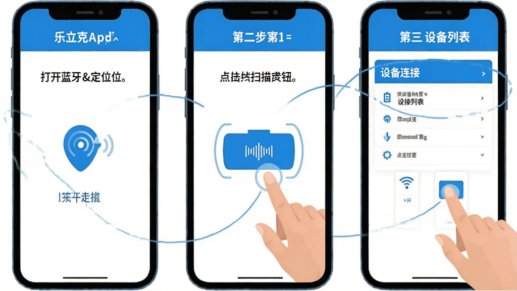 һ��չʾ������App�����豸���������ʾ��ͼ���������ֻ���Ļ����Ļ�Ϸ�����չʾ����һ���������Ͷ�λ���ڶ������ɨ�谴ť���������豸�б����ֲ�������ӣ�ÿ��������˵�������Ϊ��ƽ���̳�ͼʾ����ɫ���ף����ʸɾ��޶���Ԫ�ء�