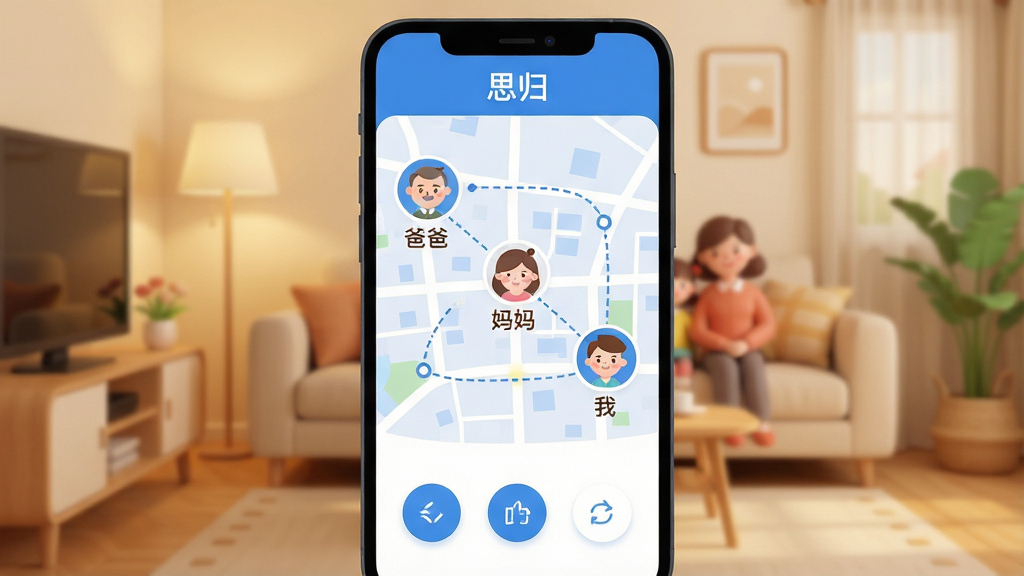 手机屏幕显示“思归”应用主界面,蓝色和白色为主色调,中间是一张城市地图,地图上有三个卡通头像图标分别标注“爸爸”“妈妈”“我”,头像之间用虚线连接显示距离,顶部标题栏写着“思归”,底部有三个简洁的圆形按钮,背景是温馨的家庭客厅虚化画面,画风现代扁平,细节圆润,画质干净,无多余元素