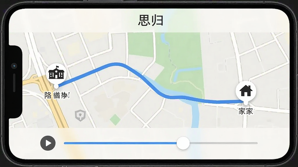 一张手机截图风格的图片,画面中央是“思归”的轨迹回放界面,一条蓝色的线条在地图上蜿蜒延伸,线条上有几个时间节点标记,起点是学校图标,终点是家图标,旁边有播放按钮和时间轴滑块,界面干净,画质清晰,无多余元素