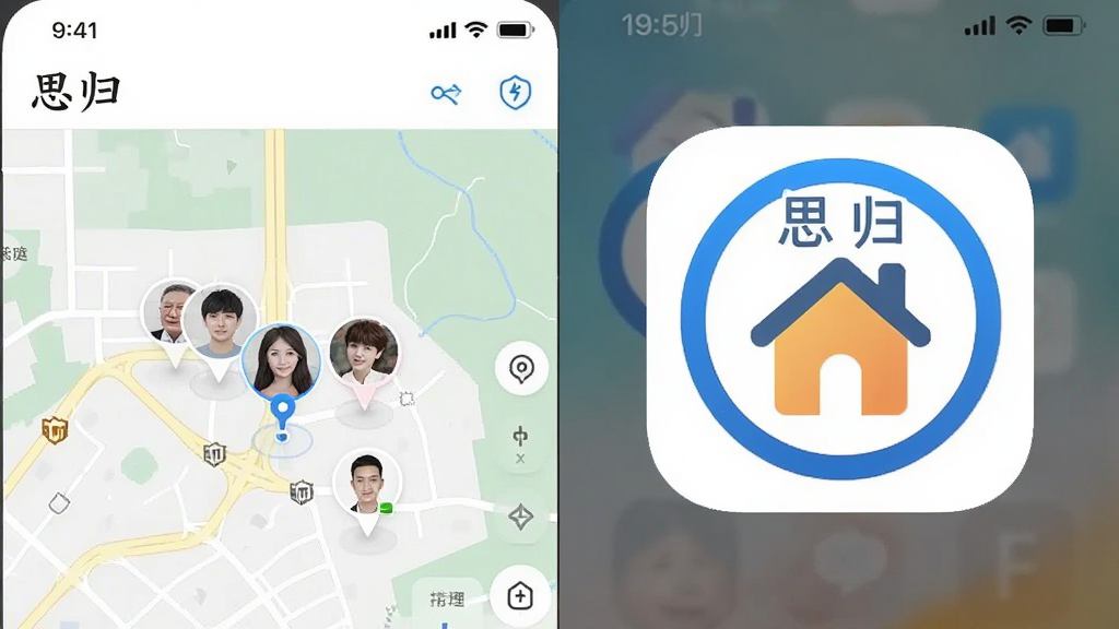 一张分屏对比图,左边是“思归”应用内的地图界面,清晰显示家庭成员头像和位置,右边是手机桌面上的“思归”图标,图标是一个蓝色圆环包围着一个温馨的房子剪影,上方文字“思归”,整体风格简约科技感,画质清晰,无多余元素