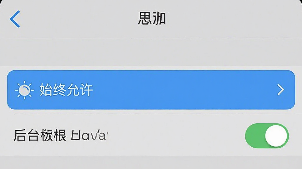 一张手机设置界面的截图,展示“思归”应用的权限管理页面,位置权限被高亮选中为“始终允许”,后台运行权限开关处于打开状态,界面风格清晰直观,画质干净,无多余元素