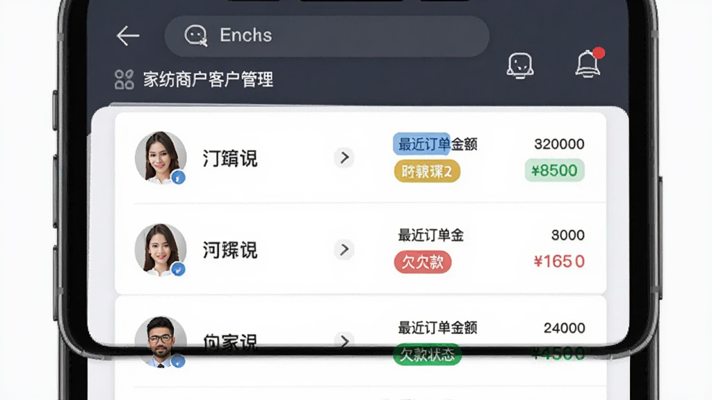 �Ҽҷ��̻���ͻ�����ҳ�棬����Ϊ�ֻ���Ļ��ʾ�ͻ��б������鿨Ƭ������Ϊ���ͻ�ͷ������ƣ��Ҳ���ʾ�����������Ƿ��״̬���Ű��η��������Ϊ�ִ�����磬ϸ���ϱ�ǩ��ɫ�������ԣ����ʸɾ����޶���Ԫ��