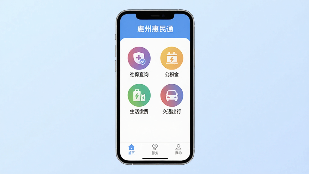 ���ݻ���ͨApp������ȫòչʾ���ֻ���Ļ���У�����Ϊ����ɫ���䣬��Ļ����ʾApp��ҳ�������С����ݻ���ͨ�����ֱ�ʶ���м��������籣��ѯ������������ɷѡ���ͨ���еȲ�ɫԲ��ͼ�꣬�ײ�Ϊ��ҳ�������ҵ�����������ǩ�����������ִ�����ƽ����ƣ�Բ��ͼ�꣬���������ɾ����޶���Ԫ��