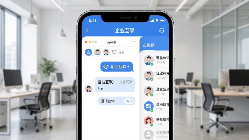 ������һ�ҿƼ���˾�İ칫����������Ϊ�ֻ���Ļ��д���У���Ļ����ʾ����ҵ������App����������ͨѶ¼�б����Ű��࣬���Ϊ�ִ���ƽ������磬ϸ�ڰ���������ɫ��Բ��ͼ�ꡢ���������ֱ�ǩ�����ʸɾ��޶���Ԫ�ء�