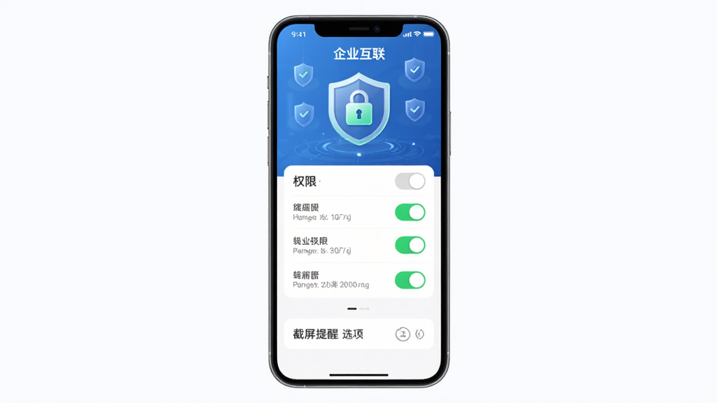 �����ǡ���ҵ������App�İ�ȫ���ý��棬����Ϊ�ֻ���Ļ���У��Ű���ϵ�������Ϊ������ͼ�ꡢȨ�޿����б�����������ѡ����Ϊ�Ƽ�������磬ϸ�ڰ�������ͼ�ꡢ��ɫ��ȫ��ʶ������������˵�������ʸɾ��޶���Ԫ�ء�