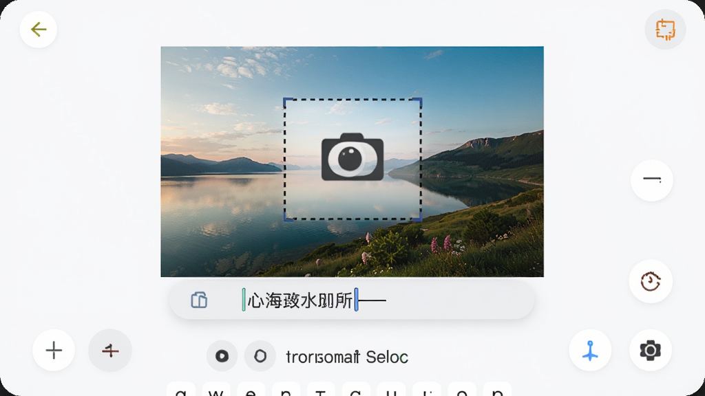 一张展示随心改水印相机App编辑界面的图片,屏幕中间是一张风景照,照片上有一个虚线框选中的水印,下方弹出键盘正在输入文字,界面布局清晰,按钮圆润,整体风格简洁现代,画质干净
