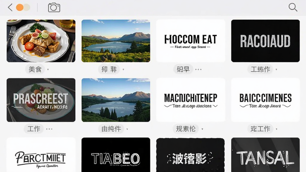 一张展示随心改水印相机App模板库的界面截图,屏幕上排列着多个不同风格的水印模板缩略图,有美食、风景、工作等分类标签,界面以网格形式展示,风格统一,画质清晰,无杂乱元素