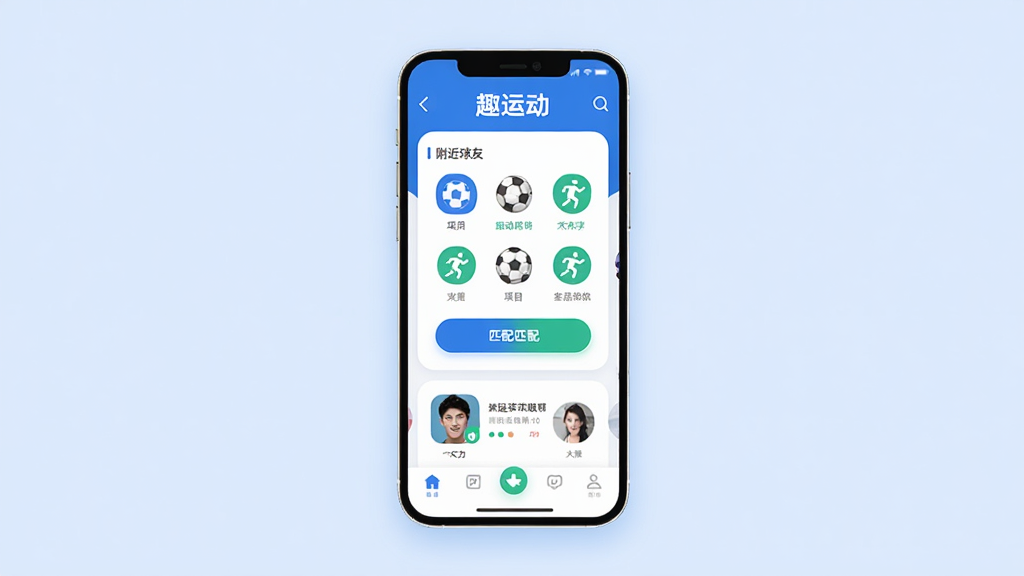 Ȥ�˶�App������չʾ��������һ���ֻ���Ļ������ǳ��ɫ�������룬��Ļ����ʾ�˶�ƥ�����͸�������ͷ���б������������������ǡ�Ȥ�˶������ֱ�ʶ���м����˶���Ŀͼ���ƥ�䰴ť���ײ��ǵ�����������ִ���ƽ����ɫ����������Ϊ����ϸ��Բ��ɾ������������޶���Ԫ��