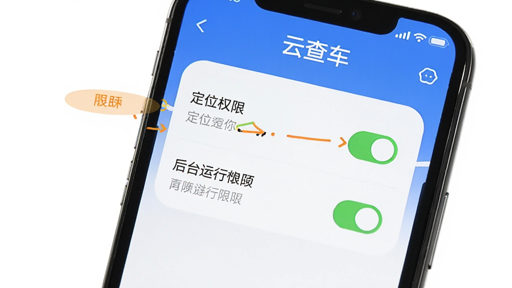 �ֻ���Ļչʾ�Ʋ鳵APP��Ȩ������ҳ�棬��ע�˶�λȨ�޺ͺ�̨����Ȩ�޵Ŀ���״̬����������