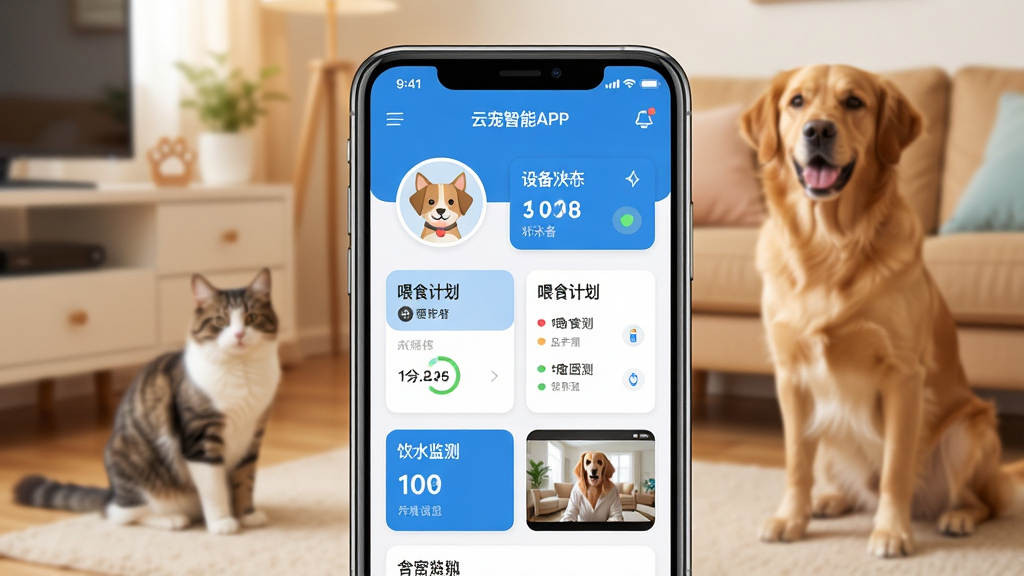 һ��չ���Ƴ�����APP����ȫò���ֻ�����չʾͼ������������һ���ִ������ֻ�����Ļ��ʾ�Ƴ�����APP��ҳ�棬��������ͷ���豸״̬��Ƭ��ιʳ�ƻ�����ˮ��⡢��Ƶ��ػ����ģ�飬����������������ɫ����ƽ����Ʒ�񣬱�������ܰ�ļҾӻ�������è�͹���Զ��ģ�����֣����廭�ʸɾ��������޶�������Ԫ��