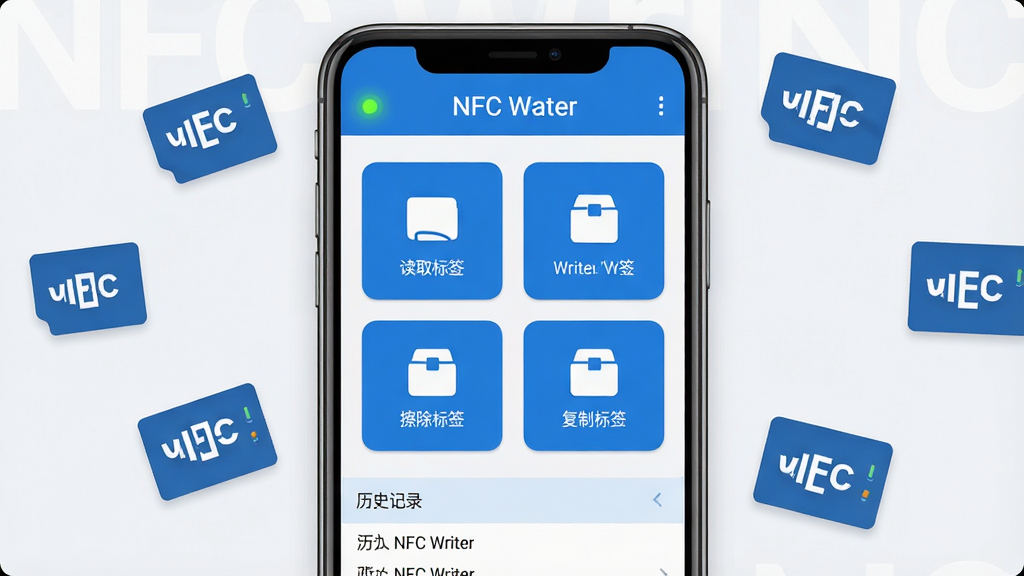 һ��չʾNFC Writer��������ȫò�Ľ����ͼ�������������ֻ���Ļ����Ļ����ʾNFC WriterӦ�������棬������NFC״ָ̬ʾ�ƣ��м��ж�ȡ��ǩ��д���ǩ��������ǩ�����Ʊ�ǩ�ĸ���ťͼ�꣬�ײ�����ʷ��¼�б���������ǳɫ��Լ����ֻ���ΧƯ���ż���NFC��Ƭ��ǩ��ͼ�꣬����ɫ������ɫ�Ͱ�ɫΪ�������������ɾ����޶���Ԫ��