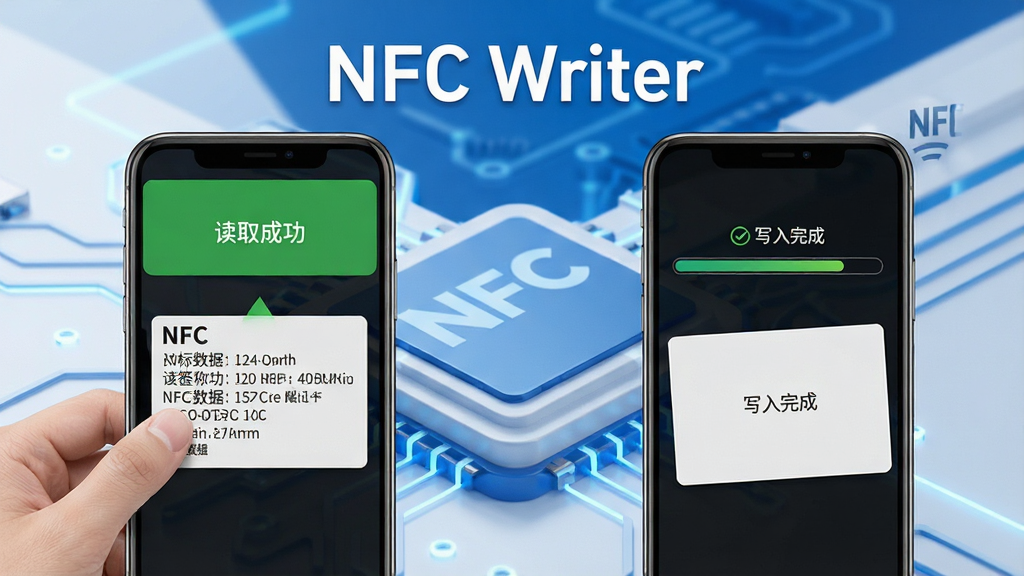 NFC Writer��������չʾͼ�����������һ���ֻ����ڶ�ȡһ��NFC��Ƭ���ֻ���Ļ��ʾ����ȡ�ɹ����ͱ�ǩ�������飬�Ҳ�����һ���ֻ�������հ׿�Ƭд�����ݣ���Ļ��ʾ��д����ɡ��������������Ǽ��ĿƼ��������ɫ�����������С�NFC Writer�����ֱ�ʶ�����ʸɾ��������޶���Ԫ��