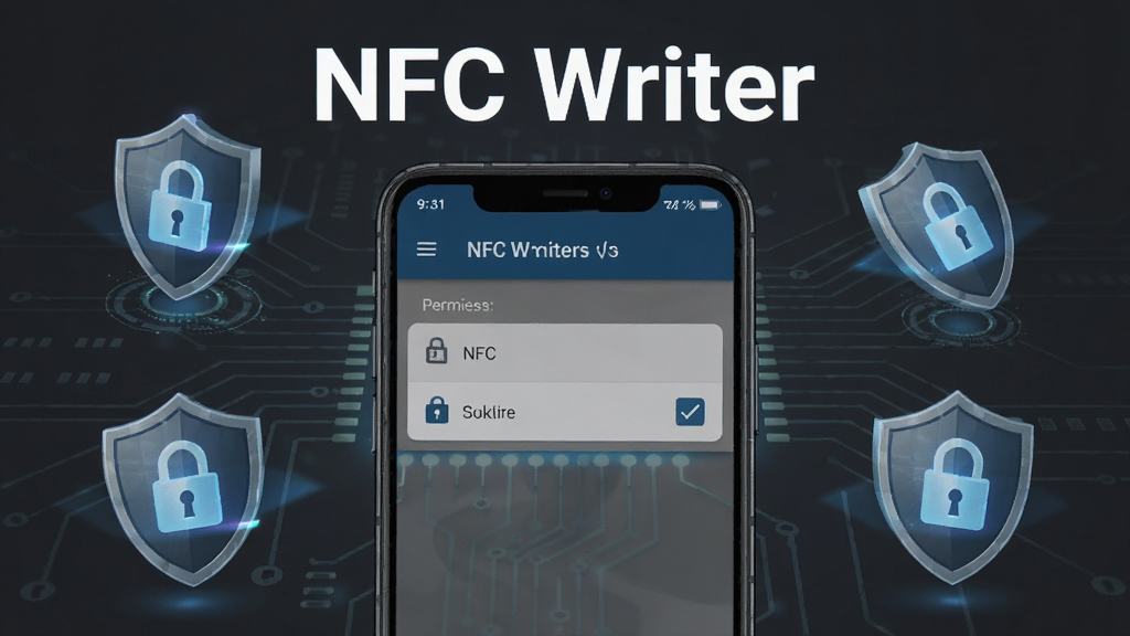 NFC Writer����Ȩ���밲ȫչʾͼ�������������ֻ���Ļ��ʾӦ��Ȩ���б���ֻ��NFC�ʹ洢�����ѡ����Χ�ж���ͼ�����ͼ�껷�ƣ���Ļ�Ϸ��С�NFC Writer�����֣����������ɫ�Ƽ��з�����廭���������޶���Ԫ��