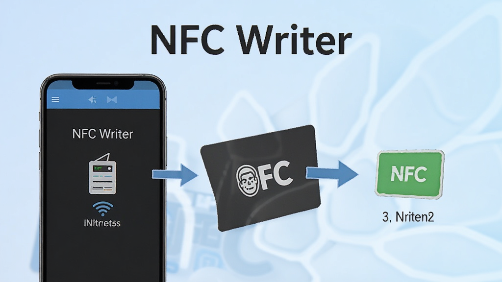 NFC Writerʹ�ý̳�ʾ��ͼ������չʾһ���ֻ����ڿ���һ��NFC��Ƭ���ֻ���Ļ��ʾNFC Writer��д����棬�м�ͷָʾ��ѡ�����ݵ�д����ɵĲ������̣�������ǳ��ɫ���䣬�������С�NFC Writer�����ֱ�ʶ����������ˣ������������޶���Ԫ��