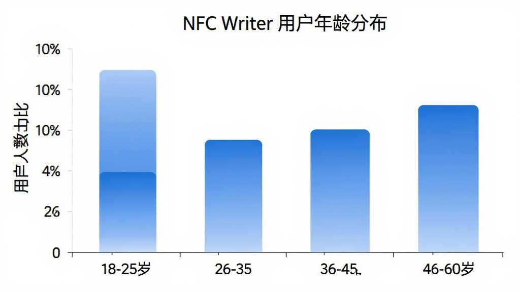 NFC Writer�û�����ֲ���״ͼ������Ϊ�����18-25�ꡢ26-35�ꡢ36-45�ꡢ46-60�꣬����Ϊ�û�����ռ�ȣ���״ͼ��ɫΪ��ɫ���䣬ͼ������Ϊ��NFC Writer�û�����ֲ����������ɾ���ɫ�������������޶���Ԫ��