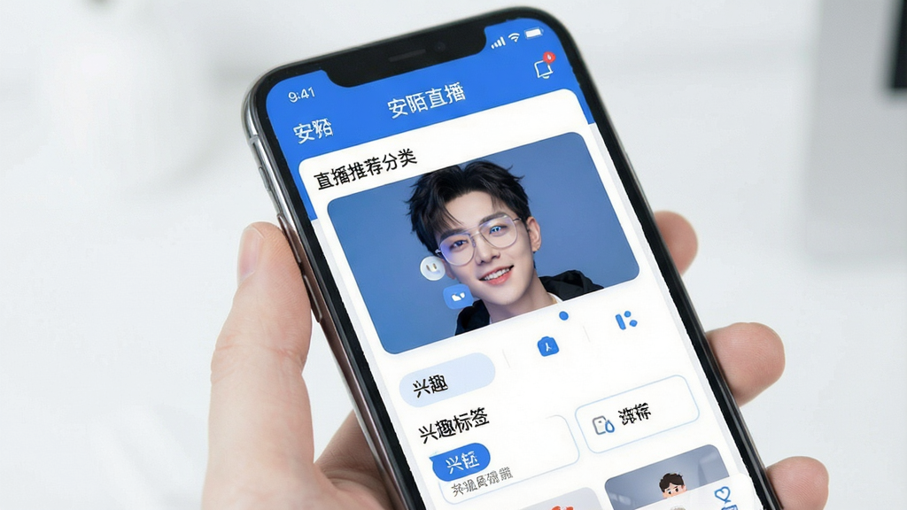 安陌直播 智能推荐界面 兴趣标签 直播间分类 手机UI 蓝白配色 简洁排版 高清画质 无多余元素