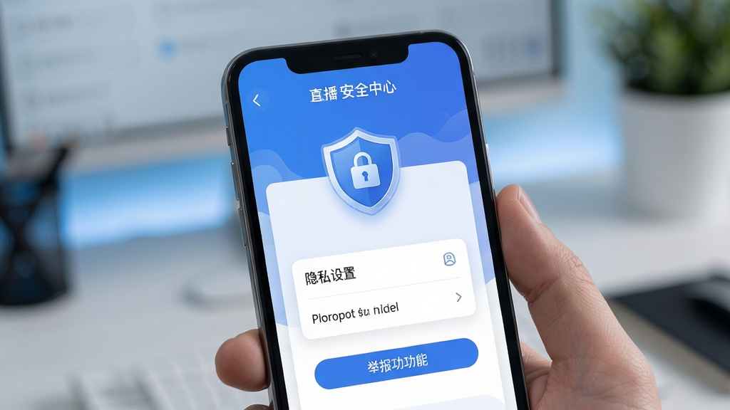 安陌直播 安全中心界面 隐私设置 举报功能 手机屏幕 盾牌图标 蓝色调 简洁干净 高清画质