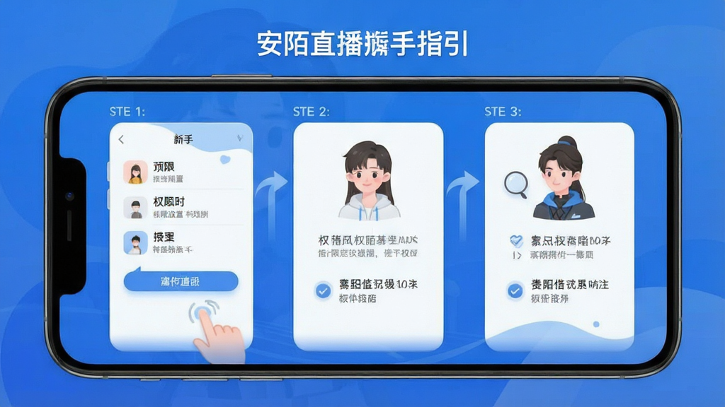 安陌直播 新手教程界面 权限设置 操作指引 手机屏幕 步骤图示 蓝色调 简洁清晰 高清画质