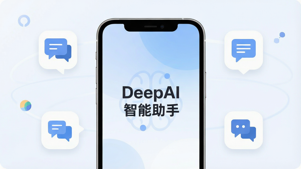 һ��չʾDeepAI�������ֺ���ȫò��ͼƬ��������һ����Լ�����ֻ���Ļ����Ļ����ʾ��DeepAI�������ֵ�Ӧ�ý��棬���������С�DeepAI�������֡������ֱ�ʶ����������͵����׽��䣬�������ֻ����з��ã���Χ�����ż����������ܶԻ����İ����ɡ��ʴ𽻻��ĳ���Сͼ�꣬����ִ���ƽ����ϸ��Բ�󣬻��ʸɾ��������޶���Ԫ��