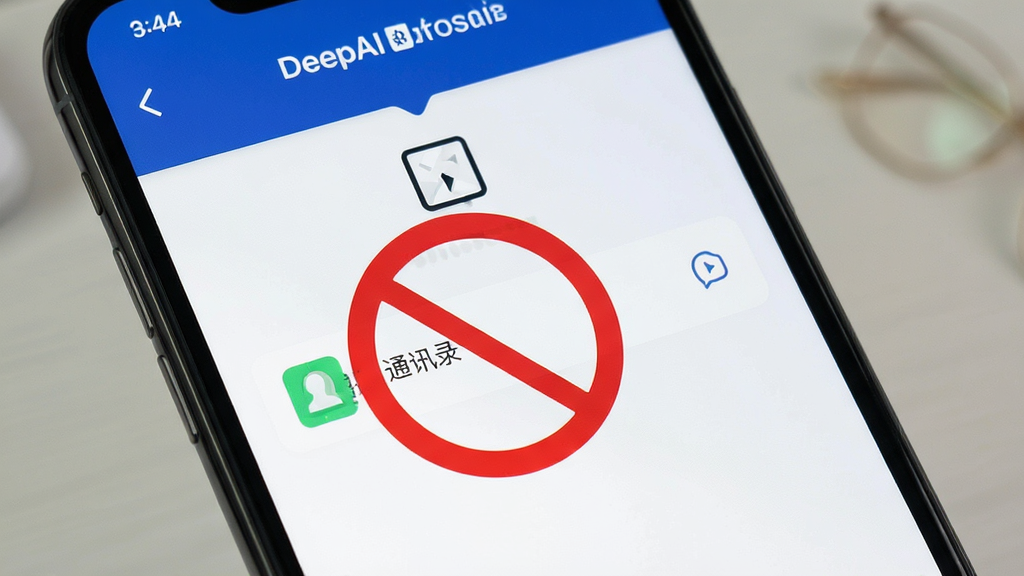 һ��չʾDeepAI�����������ֱܿ�ָ�ϵ�ͼƬ��������һ���ֻ���Ļ����Ļ����ʾ��DeepAI�������ֵ�Ȩ�޹������棬��������һ����ɫ�Ľ�ֹͼ�긲���ڡ�ͨѶ¼��Ȩ���ϣ��������������ʾ�У�ϸ��ͼ����ȷ�����ʸɾ����޶���Ԫ��