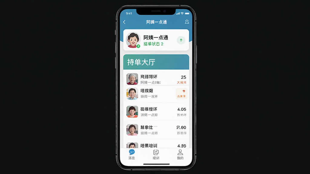 一张手机屏幕展示“阿姨一点通”APP主界面的图片,主体是手机,布局为居中展示,排版为竖屏,风格为现代扁平化,细节包括顶部显示阿姨头像和接单状态,中间是醒目的抢单大厅列表,底部有消息、培训、我的等图标,画质干净清晰,无多余元素。