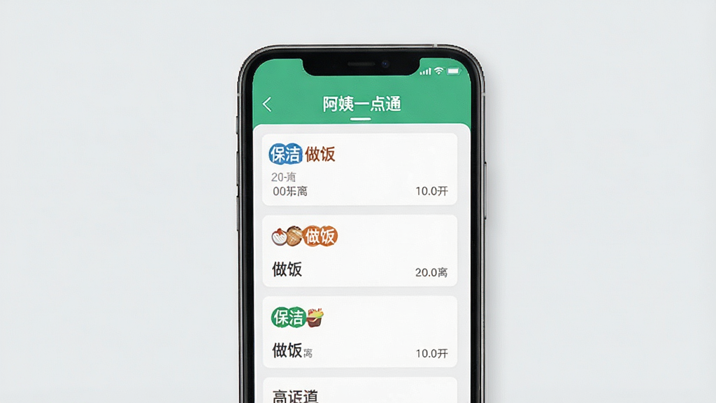 一张展示“阿姨一点通”APP抢单大厅界面的图片,主体是手机屏幕,布局为列表式排布,排版为清晰展示多个订单卡片,风格为简洁商务风,细节包括每个订单卡片上有“保洁”、“做饭”等标签和距离显示,背景是干净的浅灰色,画质清晰,无多余元素。