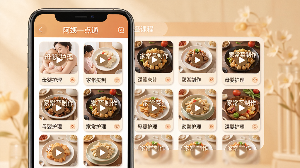 一张展示“阿姨一点通”APP培训课程界面的图片,主体是手机屏幕,布局为网格状课程封面排列,排版为整齐有序,风格为温馨教育风,细节包括封面有“母婴护理”、“家常菜制作”等字样和播放按钮,背景是柔和的暖色调,画质干净,无多余元素。