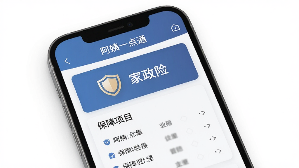 一张展示“阿姨一点通”APP保险保障页面的图片,主体是手机屏幕,布局为卡片式信息展示,排版为从上到下依次排列,风格为稳重可靠风,细节包括页面上有盾牌图标和“家政险”字样,以及保障项目列表,背景是干净的白色,画质清晰,无多余元素。
