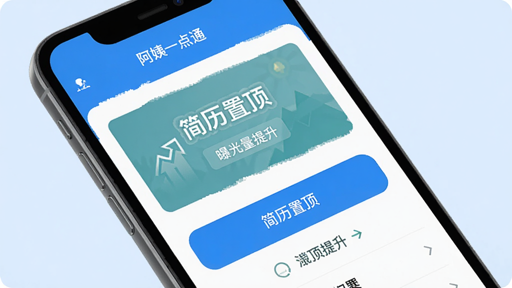 一张展示“阿姨一点通”APP简历置顶功能页面的图片,主体是手机屏幕,布局为按钮和状态提示,排版为突出置顶操作按钮,风格为直观操作风,细节包括页面上有“简历置顶”和“曝光量提升”等文字提示,背景是淡蓝色,画质干净,无多余元素。
