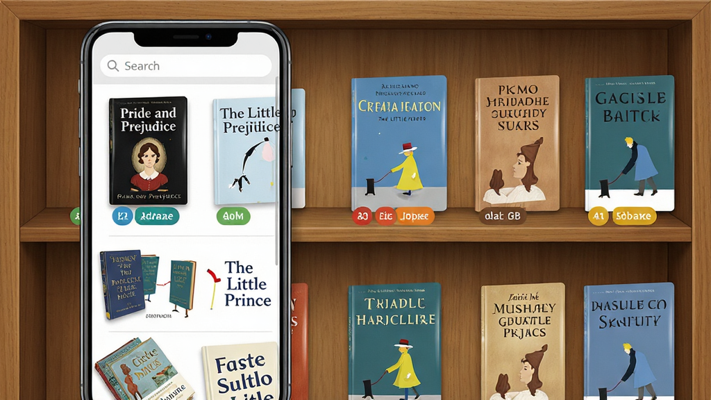 Ӣ�����App����ܽ��棬�����������Ŷ౾Ӣ���鼮���棬���������ɼ����硰Pride and Prejudice����The Little Prince���ȣ��鼮���Ѷȷּ���ǩ���У�������ľ������������������ֻ���Ļ��ʾ����б�������Ϊ�������ʽ�Ű棬�����дʵ���ƽ��ϣ�ϸ�ڰ����鼮������󡢷����ǩ��ɫ���֡����������������ʸ��壬�ɾ����޶���Ԫ��
