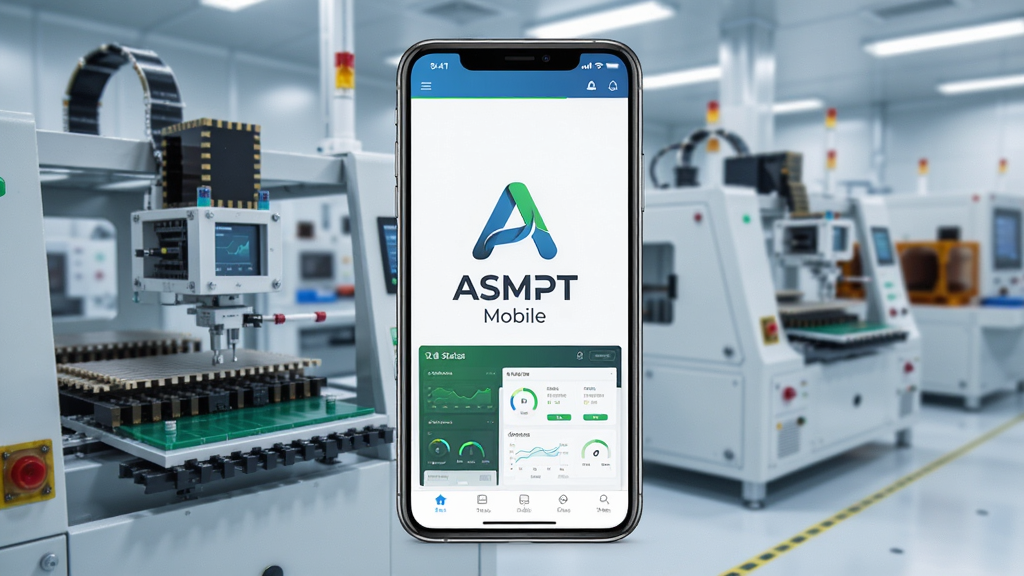 ASMPT Mobile Ӧ��������ȫòչʾ�������������ֻ���Ļ����Ļ��������ʾ�� ASMPT Mobile ������Logo�����ƣ��������ִ����İ뵼���������䣬����Ƭ���豸�����У���Ļ��չʾ�豸״̬����Ǳ��̣���ɫ����ɫΪ��ɫ�����Ƽ���ʮ�㣬���ּ�����ˣ����ʸɾ��������޶���Ԫ��