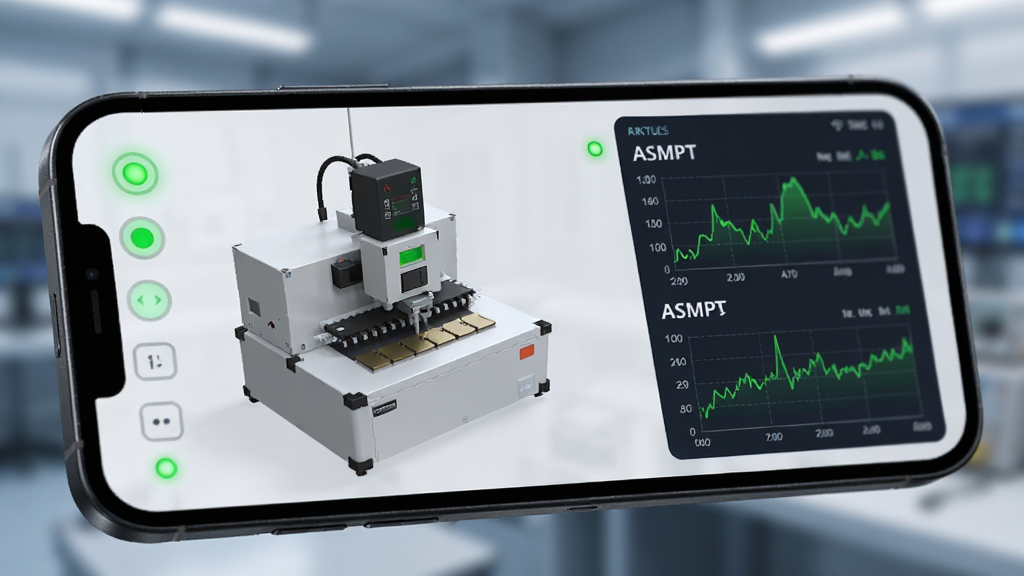 ASMPT Mobile �豸ʵʱ��ؽ��棬�ֻ���Ļ��д����Ļ����ʾһ̨��Ƭ����3Dģ�ͺ�ʵʱ������壬����ɫ������״ָ̬ʾ�ƣ���������ͼ�ڶ�̬ˢ�£������黯������ͻ���ֻ���Ļ���ݣ�����ִ��Ƽ��У�����ϸ��ɾ����޶���Ԫ��