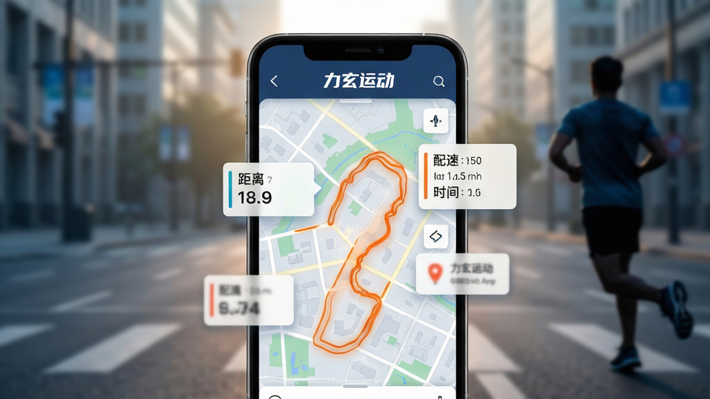 力玄运动App内运动轨迹记录界面截图风格生图,画面主体是手机屏幕,屏幕内显示一张城市地图,地图上有一条流畅的橙色跑步轨迹线,轨迹旁边悬浮着距离、配速、时间的数据卡片,屏幕顶部有“力玄运动”的Logo标识,背景是虚化的城市街道和晨跑者剪影,风格现代科技感,画质清晰,无杂乱元素