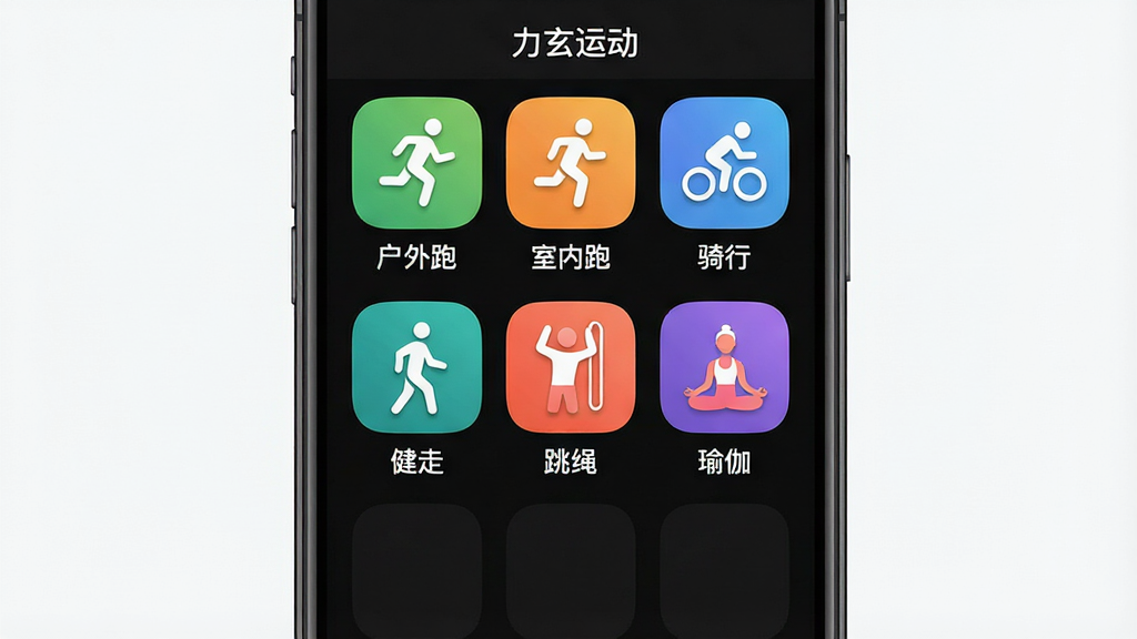 一张展示力玄运动App运动模式选择界面的生图,画面是手机屏幕特写,屏幕内以网格形式排列着“户外跑”、“室内跑”、“骑行”、“健走”、“跳绳”、“瑜伽”等彩色图标,图标设计扁平圆润,背景为深色模式,屏幕上方有“力玄运动”文字,风格简洁明快,画质干净,无多余装饰元素