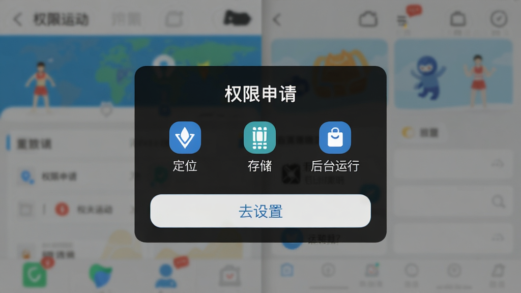 一张力玄运动App权限设置引导界面的生图,画面是手机屏幕截图风格,屏幕内显示一个简洁的弹窗,弹窗标题是“权限申请”,内容包含定位、存储、后台运行等图标和文字说明,底部有“去设置”的按钮,背景是模糊的App主界面,风格扁平化,画质清晰,文字醒目,无杂乱元素