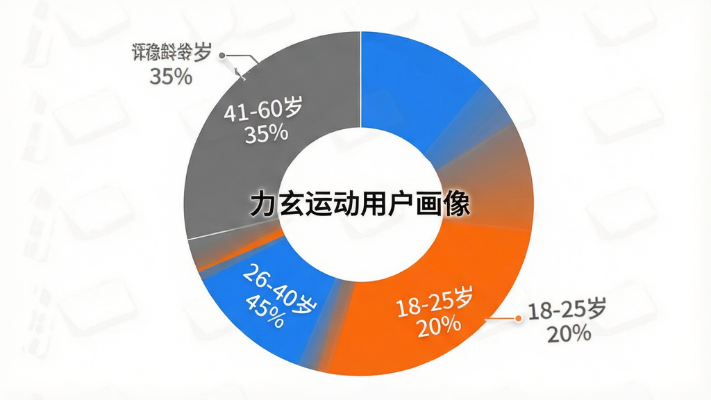 一张力玄运动用户年龄分布饼状图,图表风格简洁现代,背景为白色,饼图分为三个扇形区域,分别标注“18-25岁 20%”、“26-40岁 45%”、“41-60岁 35%”,颜色采用活力橙、科技蓝、沉稳灰区分,图表中央有“力玄运动用户画像”文字,画质清晰,无多余装饰