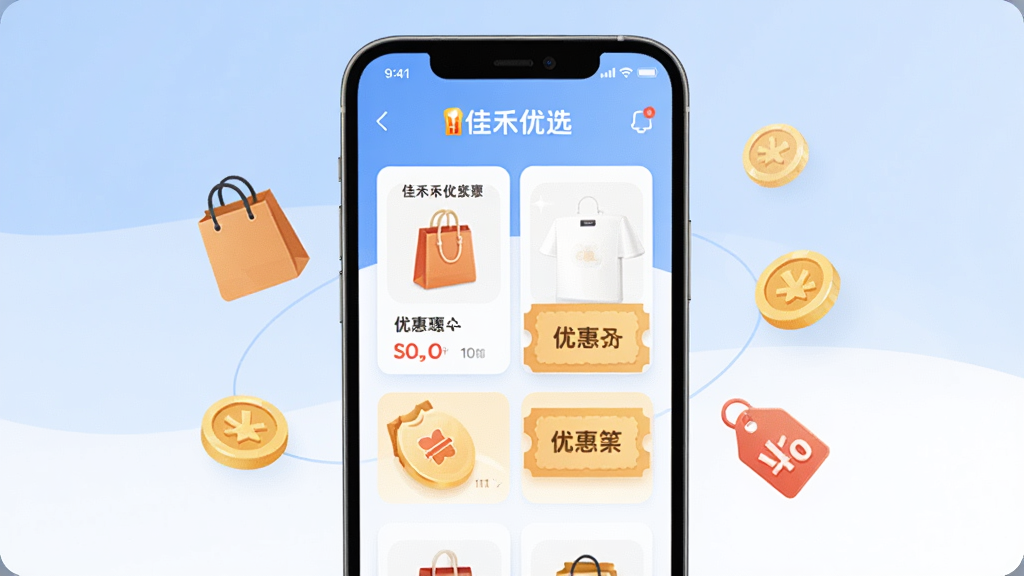 �ֻ���Ļ������չʾ�Ѻ���ѡAPP�����棬���涥���мѺ���ѡ���ֱ�ʶ���м�����Ʒ�Żݿ�Ƭ���Ż�ȯͼ�꣬��Χ���ƹ��������ҡ��ۿ۱�ǩ��Ԫ�أ�������ǳ������ɫ�Ľ��䣬���岼�־��жԳƣ�����ִ���Լ��ƽ����ϸ�ھ���Բ�󣬻��ʸɾ������޶���Ԫ��