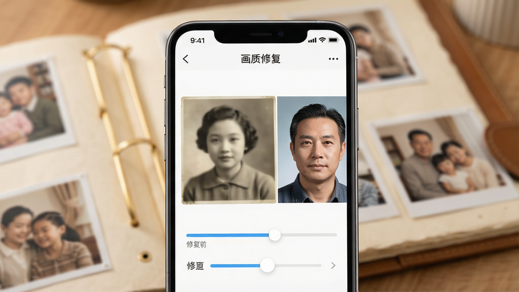 一张展示手机屏幕的图片,屏幕中央显示“画质修复”App的界面,界面中有一张模糊的老照片正在被处理,修复后的清晰人像对比展示在右侧,背景是温馨的家庭相册场景,布局简洁明了,风格现代科技感,细节包括进度条和修复前后的对比滑块,画质清晰,干净,无多余元素