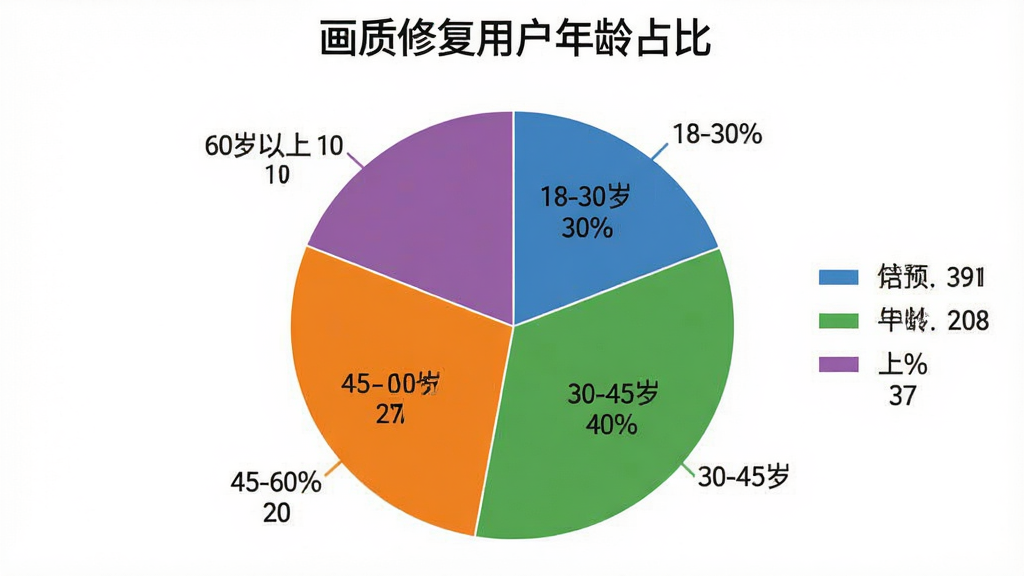 一张展示用户年龄分布的饼状图,图表标题为“画质修复用户年龄占比”,饼图分为四块,分别标注18-30岁30%、30-45岁40%、45-60岁20%、60岁以上10%,颜色分别为蓝色、绿色、橙色、紫色,背景白色,风格简洁数据可视化,细节包括图例和百分比标签,画质清晰,干净,无多余元素