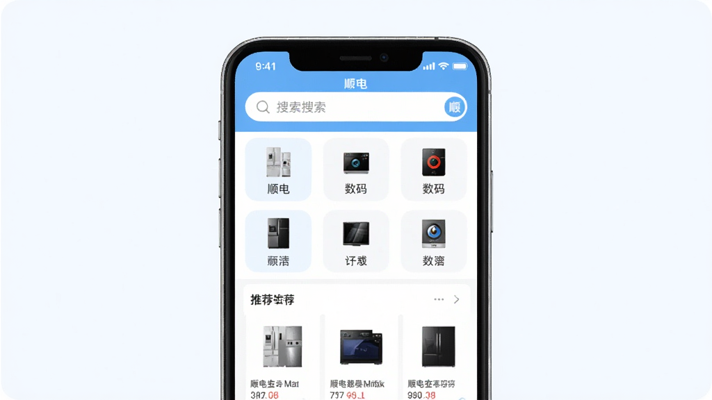 ˳��App��ҳ����չʾ������������һ�������ֻ�����Ļ��ʾ��˳�硱App����ҳ�����������������м��Ǽҵ������Ʒ����ͼ�꣬�·����Ƽ���Ʒ�б������岼�ּ�࣬�԰�ɫ��ǳ��ɫΪ��ɫ��������ִ���ƽ��ϸ�����������ʸɾ����޶���Ԫ��