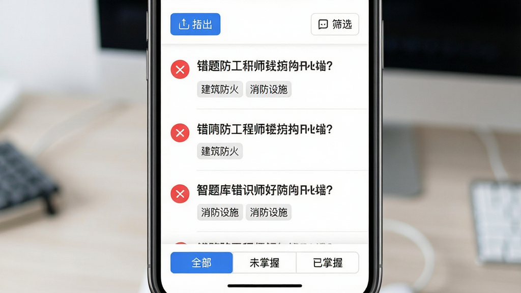 一级消防工程师智题库错题本界面展示,手机屏幕显示错题列表,每道题左侧有红色错误标记,题目下方显示所属知识点标签如“建筑防火”“消防设施”,顶部有导出按钮和筛选按钮,底部有“全部”“未掌握”“已掌握”三个切换标签,背景为白色,文字清晰,风格清爽,画质干净,无多余元素