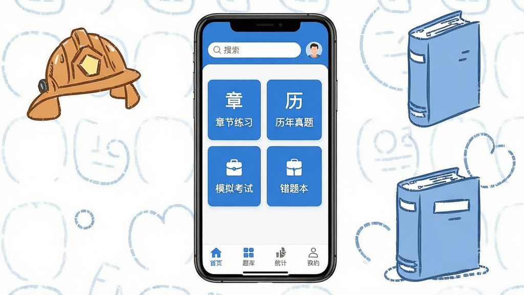 一级消防工程师智题库手机App主界面展示,画面中央是手机屏幕,屏幕内显示题库首页布局,顶部有搜索栏和用户头像,中间是章节练习、历年真题、模拟考试、错题本四个功能入口卡片,底部为首页、题库、统计、我的四个选项卡,整体以蓝色和白色为主色调,界面干净整洁,风格现代扁平,手机周围有消防头盔和书本的简笔画元素点缀,画质清晰,干净,无多余元素