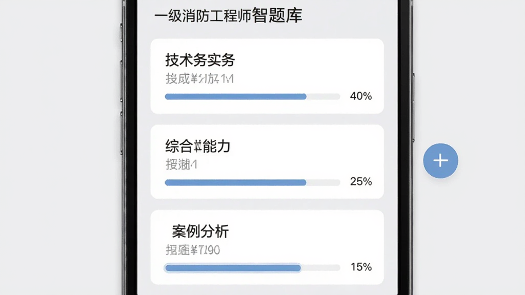 一级消防工程师智题库章节练习界面,手机屏幕显示科目列表,技术实务、综合能力、案例分析三个科目卡片纵向排列,每个卡片下方有进度条显示完成百分比,屏幕右侧有筛选按钮,背景为浅灰色,界面文字清晰,风格简洁,画质干净,无多余元素