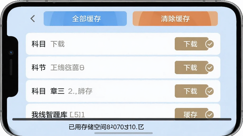 一级消防工程师智题库离线缓存管理界面,手机屏幕显示科目和章节列表,每个章节右侧有下载按钮和已缓存标记,顶部有“全部缓存”和“清除缓存”按钮,底部显示已用存储空间大小,背景为浅蓝色,界面布局清晰,风格简约,画质干净,无多余元素