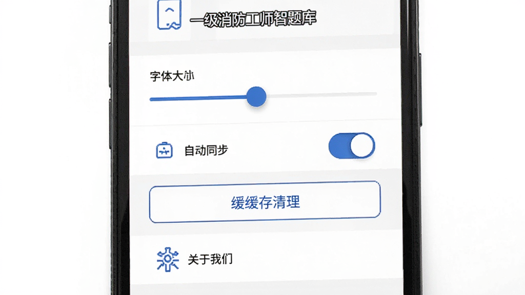 一级消防工程师智题库新手设置界面,手机屏幕显示设置菜单,包含字体大小调节滑块、自动同步开关、缓存清理按钮、关于我们选项,背景为白色,图标为蓝色线性风格,界面简洁明了,画质清晰,干净,无多余元素