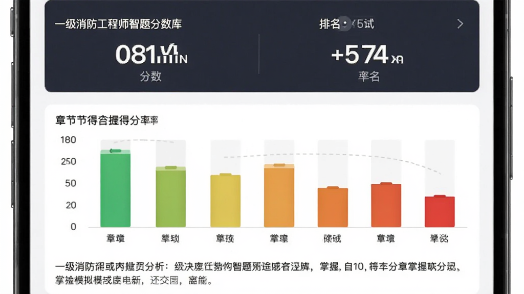 一级消防工程师智题库模拟考试成绩分析页面,手机屏幕上半部分显示分数和排名,下半部分用柱状图展示各章节得分率,柱子颜色从绿色到红色渐变表示掌握程度,图表下方有文字总结建议,背景为白色,界面设计现代,画质清晰,干净,无多余元素