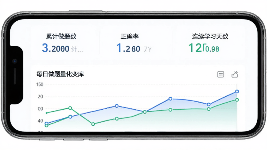 一级消防工程师智题库学习统计页面,手机屏幕显示学习数据,包括累计做题数、正确率、连续学习天数,下方有折线图展示每日做题量变化,背景为白色,图表颜色为蓝色和绿色,界面清晰,风格简约,画质干净,无多余元素