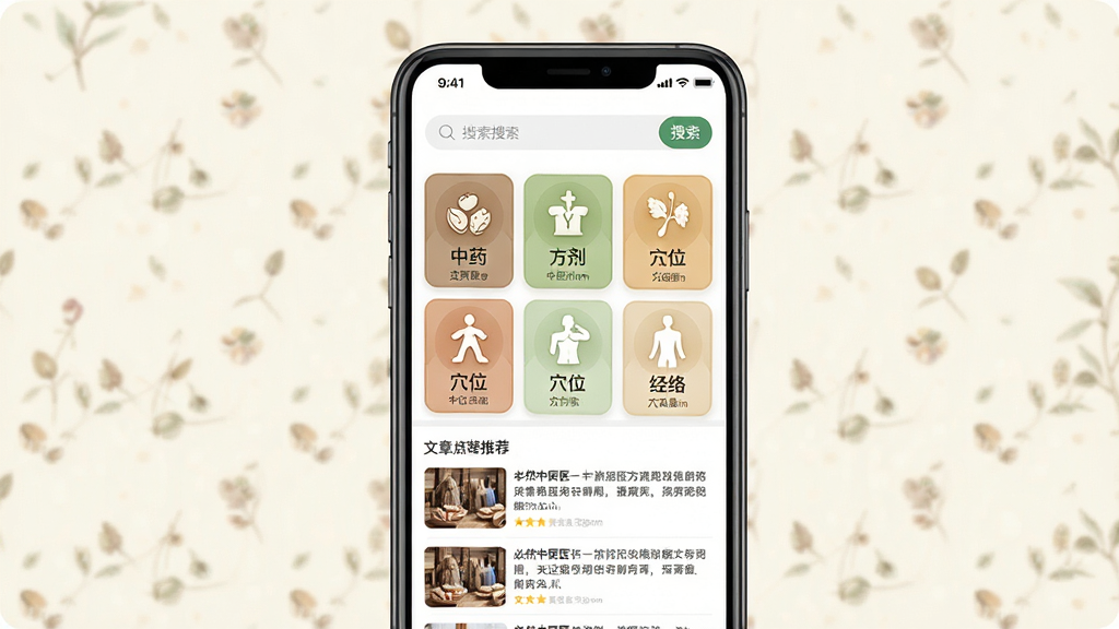 һ��չʾ��Ȼ��ҽApp���Ľ�����ֻ�����ͼ�������������ֻ���Ļ����Ļ����ʾ��Ȼ��ҽApp����ҳ����ҳ�Ϸ����������м�����ҽ֪ʶ���࿨Ƭ��������ҩ��������Ѩλ�������ͼ�꣬�·����б�ʽ�����Ƽ������岼�������������ǵ��ŵ��װ�ɫ��������ִ������������ɱ棬���ʸɾ����޶���Ԫ��